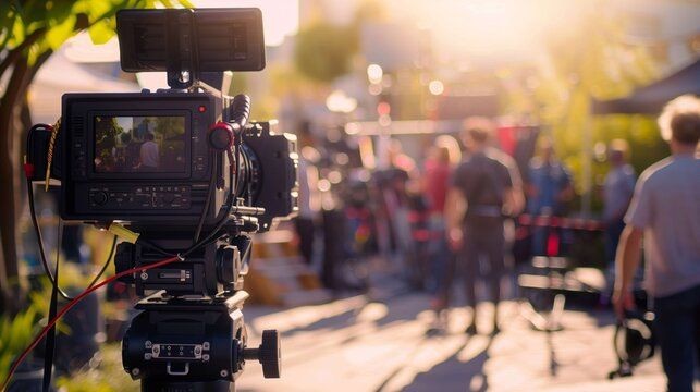 Professional camera set up outdoors with people and equipment in the background, bathed in warm sunlight.